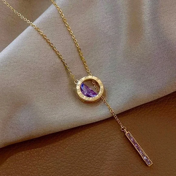 🆕 Stunning 18k Amethyst Roman Numeral Engraved Barrel Lariat Necklace NWT - Picture 4 of 14